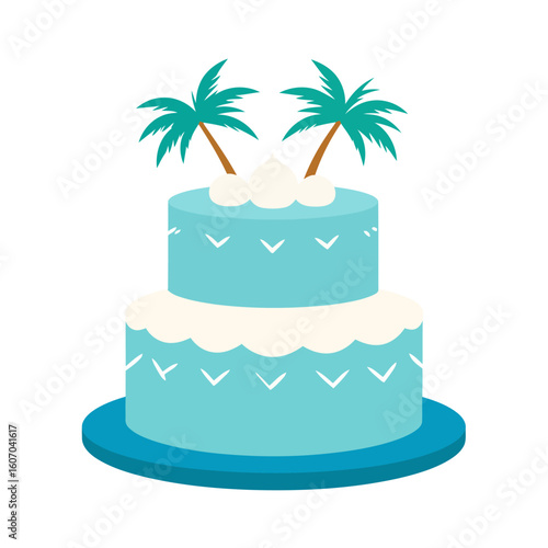 A stylized two-tier blue cake with white frosting, bird patterns, and tropical palm tree toppers.