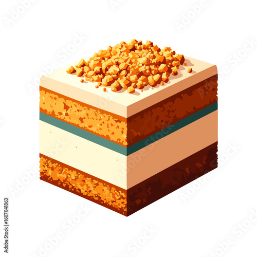A square slice of multi-layered cake with cream frosting and a crunchy nut topping.