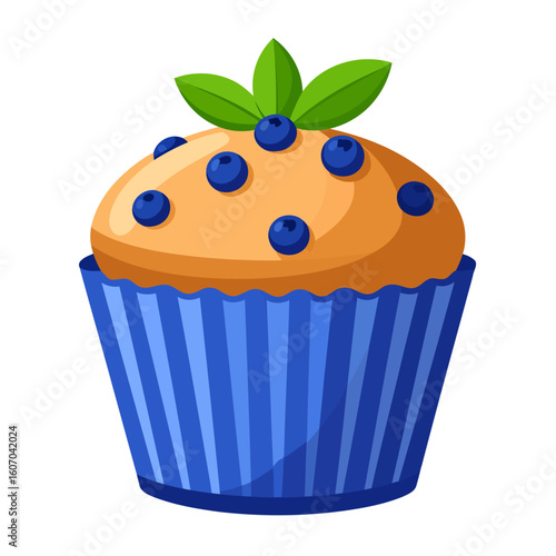 Cartoon blueberry muffin with fresh berries and a mint garnish in a blue striped liner.