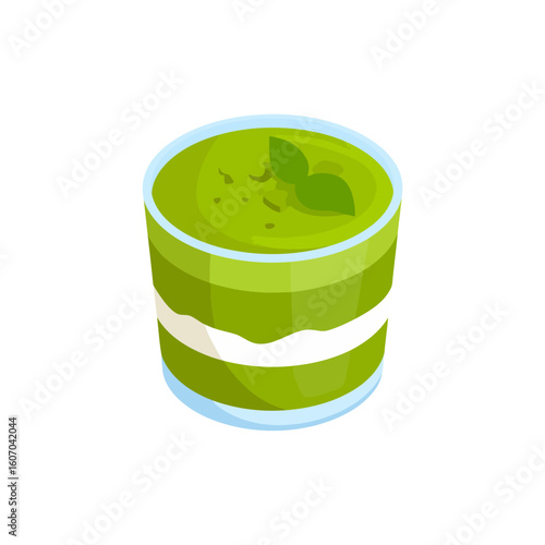 Layered green matcha or mint dessert with a creamy white layer, garnished with fresh leaves in a glass.
