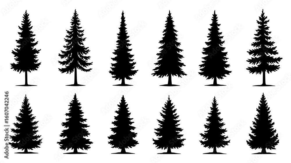 Fototapeta premium Set of black christmas tree silhouette vector design.