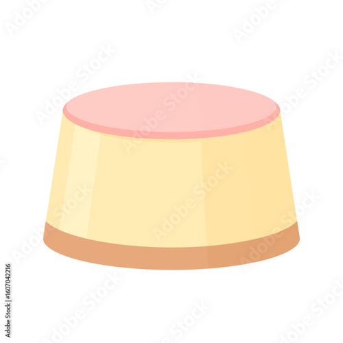 Minimalist layered cheesecake illustration with a pink fruit topping and a brown biscuit base.