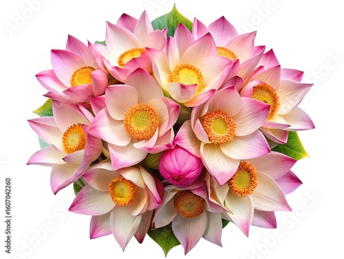 Beautiful bouquet of pink and white lotus flowers with yellow centers in full bloom