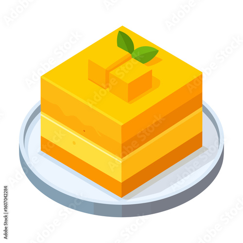Isometric illustration of a square layered mango cake with mint garnish.