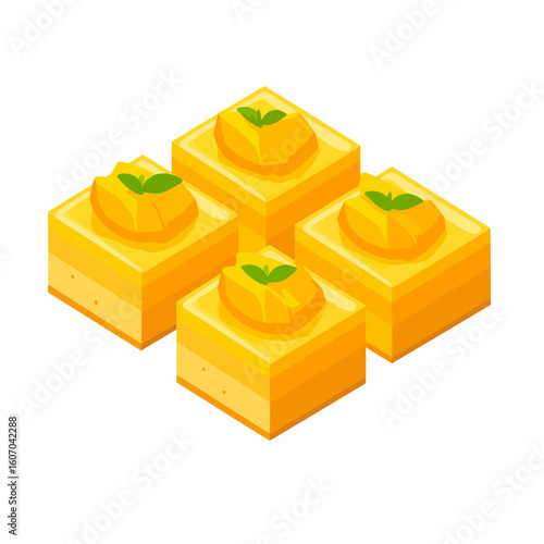 Isometric illustration of four golden layered pastries garnished with fruit and a mint leaf.