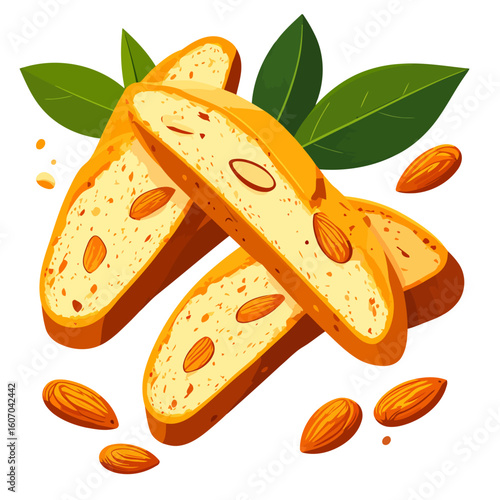 Golden baked Italian biscotti slices with whole almonds, a crunchy cantucci cookie illustration.
