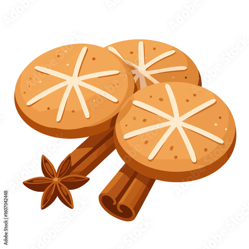 Illustrated Christmas gingerbread cookies with white snowflake icing, cinnamon, and star anise.