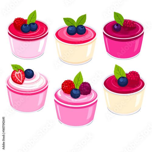 Vector illustration set of six creamy desserts in cups, topped with fresh berries like strawberries, blueberries, and raspberries.