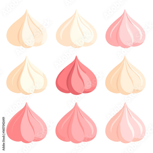 Set of swirled meringue kisses in pink and cream colors. Piped sweet dessert treats with a pointed top, vector illustration.