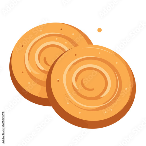 Two golden round butter cookies with a swirl pattern, flat vector illustration.