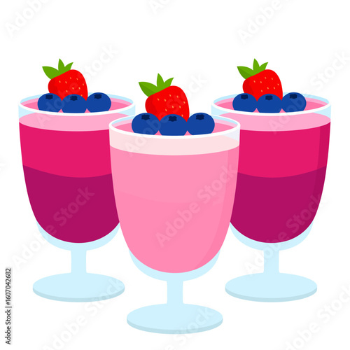 Three glasses of layered pink berry mousse parfait, topped with fresh strawberries and blueberries.