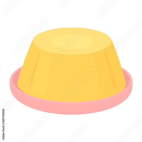 Smooth yellow custard pudding with a classic molded shape, served on a simple pink plate.