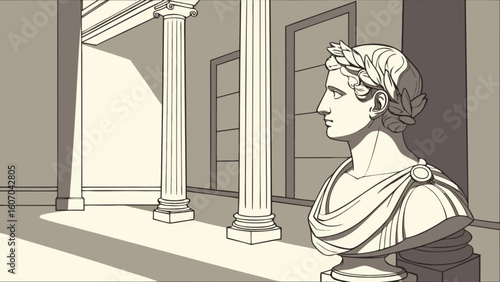Roman bust sculpture art drawing with laurel wreath and ancient architecture columns hallway illustration
