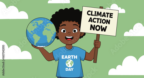Young Activist Holding Climate Action Sign, Green Background, Illustration