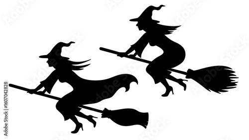 Set Of Flying Witch Silhouettes on Broomsticks