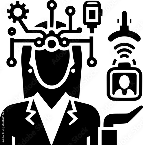 Minimalist black and white robot icon replacing human work. Clean lines, no shading. Ideal for logos, stickers, or digital use. Modern and scalable.