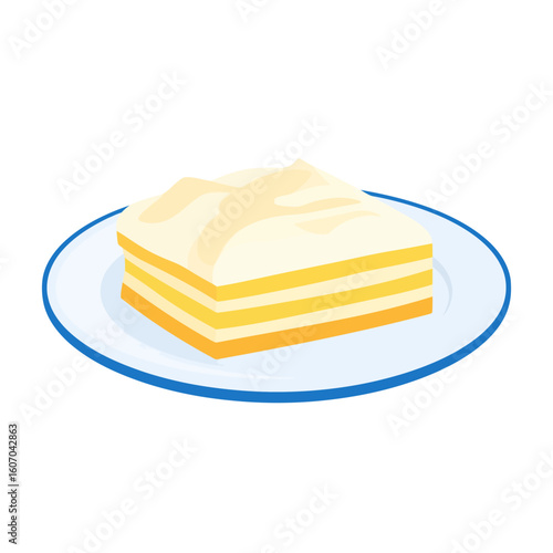 A square slice of layered Italian lasagna with creamy white sauce served on a blue plate.