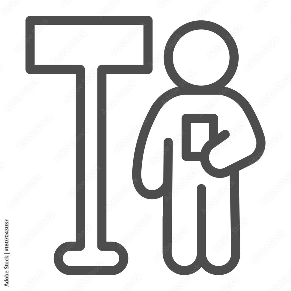 Place signpost and volunteer man line icon, traveler survey concept. Vector graphics. Man at road way plank, location sign on white background, outline style icon for mobile or web design. Place signpost and volunteer man line icon, traveler survey concept. Vector graphics. Man at road way plank, location sign on white background, outline style icon for mobile or web design.