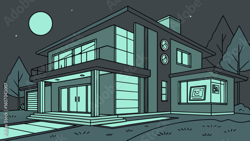 Modern home exterior design with moonlight and trees architecture residential building illustration at night