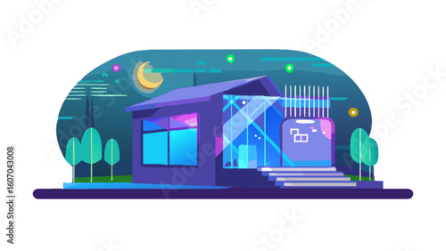 Modern home design illustration with night sky and moon vector graphic for real estate marketing use