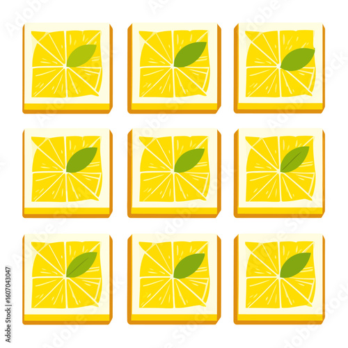 A stylized square lemon tart featuring a segmented citrus slice and a single green mint leaf garnish.