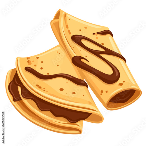 Golden-brown crepes, one folded and one rolled, filled and drizzled with glossy chocolate spread.