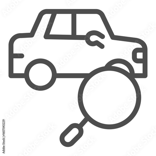 Car vehicle with magnifier line icon, air travel booking concept. Vector graphics. Airport taxi cab search, wayfinding sign on white background, outline style icon for mobile or web design.