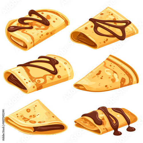 A delicious set of golden French crepes, rolled and folded, filled with chocolate spread and drizzled with sweet sauce.