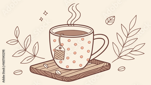 Aesthetic tea cup illustration with steam and coffee beans for a relaxing morning beverage time break moment