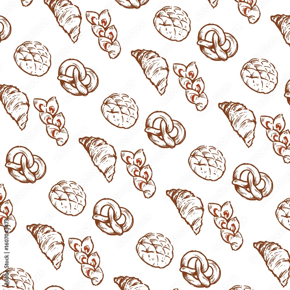 Obraz premium seamless pattern featuring hand-drawn sketches of various bakery items like croissants, pretzels, and bread rolls on a light beige background, ideal for a rustic food theme.