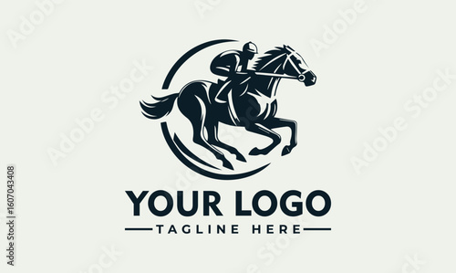 A stylized logo depicting a jockey riding a horse in full gallop, encircled within a dynamic design.