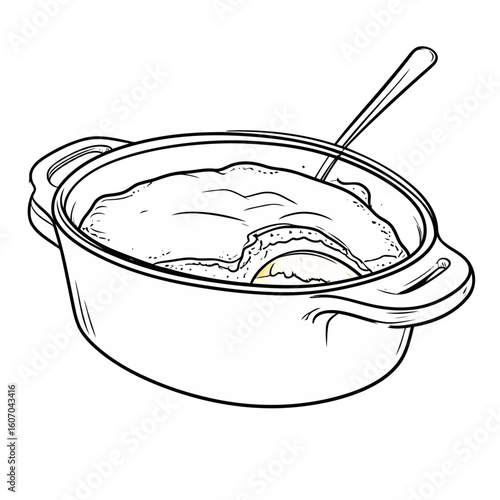 Hand-drawn line art of a creamy casserole in an oval pot with a serving spoon.