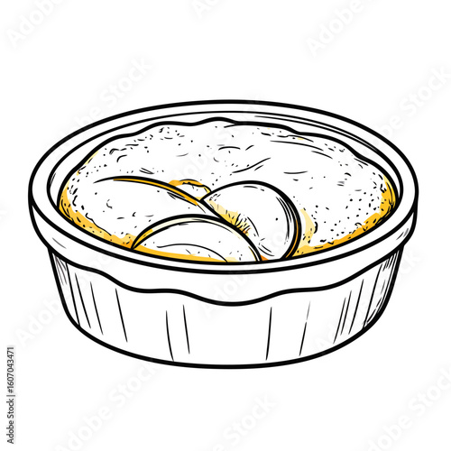Sketch-style illustration of a savory baked dish with sliced potato topping in a round container.