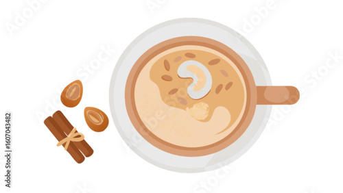 Delicious masala chai latte with cinnamon sticks and cashew nut vector illustration top view for food blog