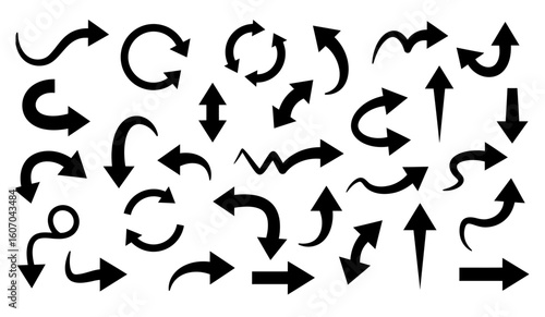 A collection of various black arrow silhouettes vector.