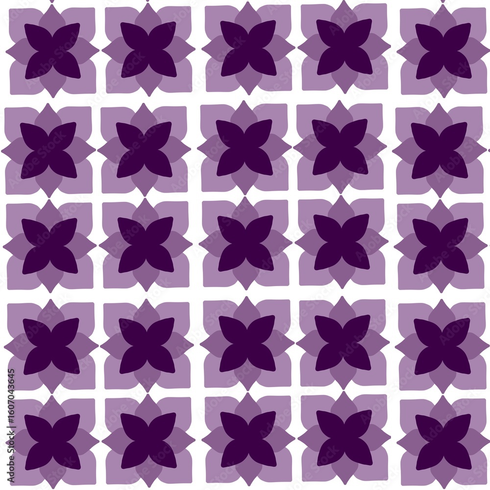 Fototapeta premium seamless geometric pattern featuring interlocking abstract floral or star-like shapes in shades of purple and white.