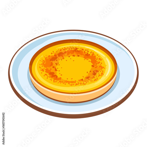 Golden cr?me br?l?e dessert with a speckled caramelized sugar top, served on a blue plate.