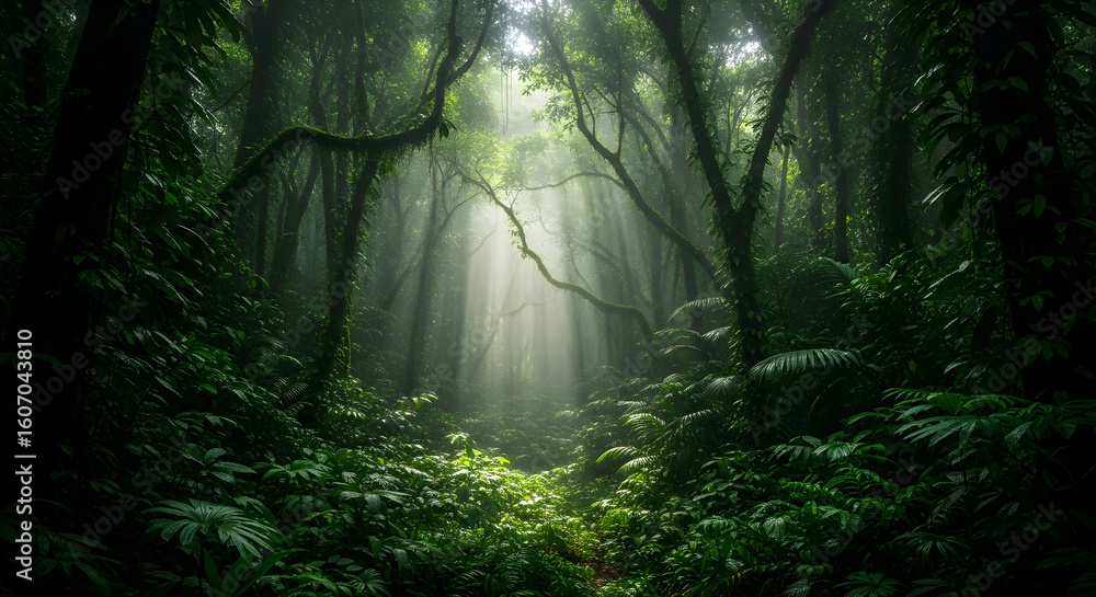 Fototapeta premium Sunbeams filtering through lush green jungle canopy creating mystical light rays