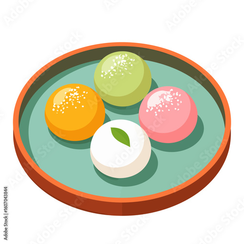 Colorful assortment of Japanese mochi rice cakes with sprinkles and a leaf, served on a round tray.