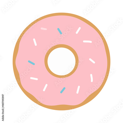 A simple flat illustration of a round donut with pink frosting and colorful sprinkles.