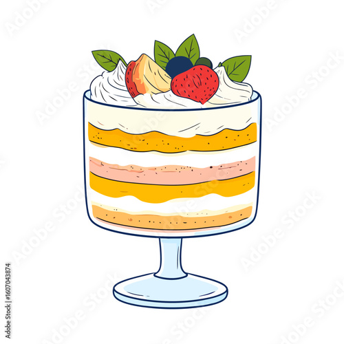 Colorful layered fruit trifle dessert in a glass bowl, topped with whipped cream, strawberry, and mint.