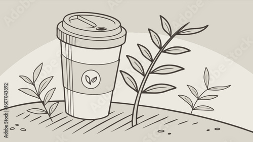 Eco friendly coffee cup with plant based logo and leaves for sustainable lifestyle concept art drawing