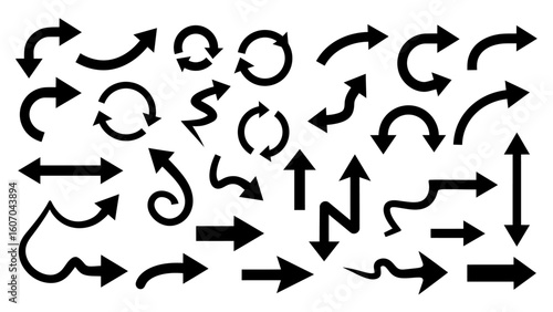 A collection of various black arrow silhouettes vector.