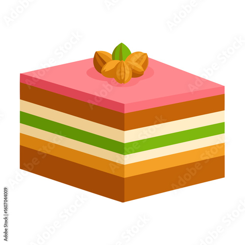 Colorful layered cake slice with pink frosting, almond garnish, and multiple cream fillings.