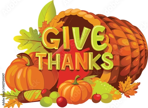Thanksgiving cornucopia with pumpkins grapes leaves and the words Give Thanks