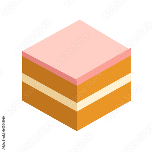 Isometric square slice of layered cake with cream filling and pink frosting.