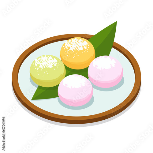 Colorful Japanese mochi rice cakes with coconut flakes served on a plate with a green leaf.