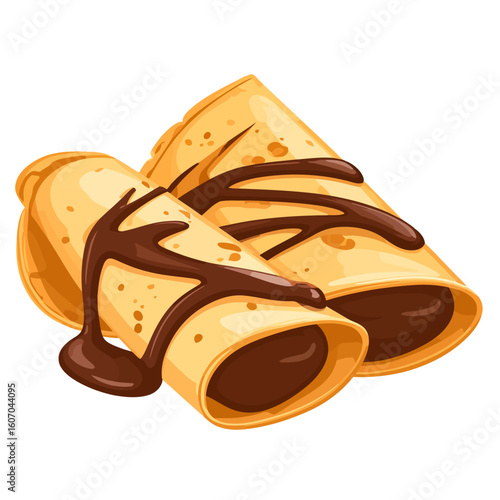 Two delicious rolled crepes filled with chocolate spread and drizzled with glossy brown sauce.