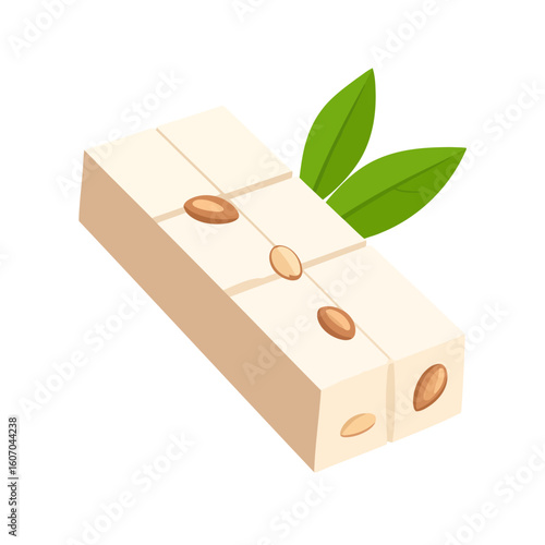 Rectangular block of sweet halva with embedded nuts and a fresh green leaf garnish.