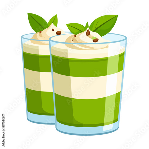Two glasses of layered green matcha dessert with whipped cream, mint leaves, and seeds.